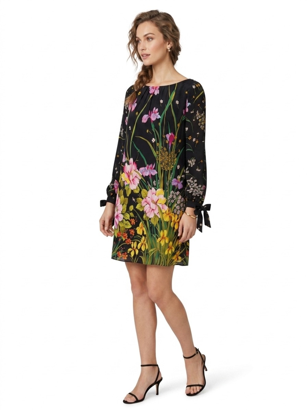Milly of NY Simone Black Floral Long-Sleeve Dress with Pink & Green Blooms Sz 6